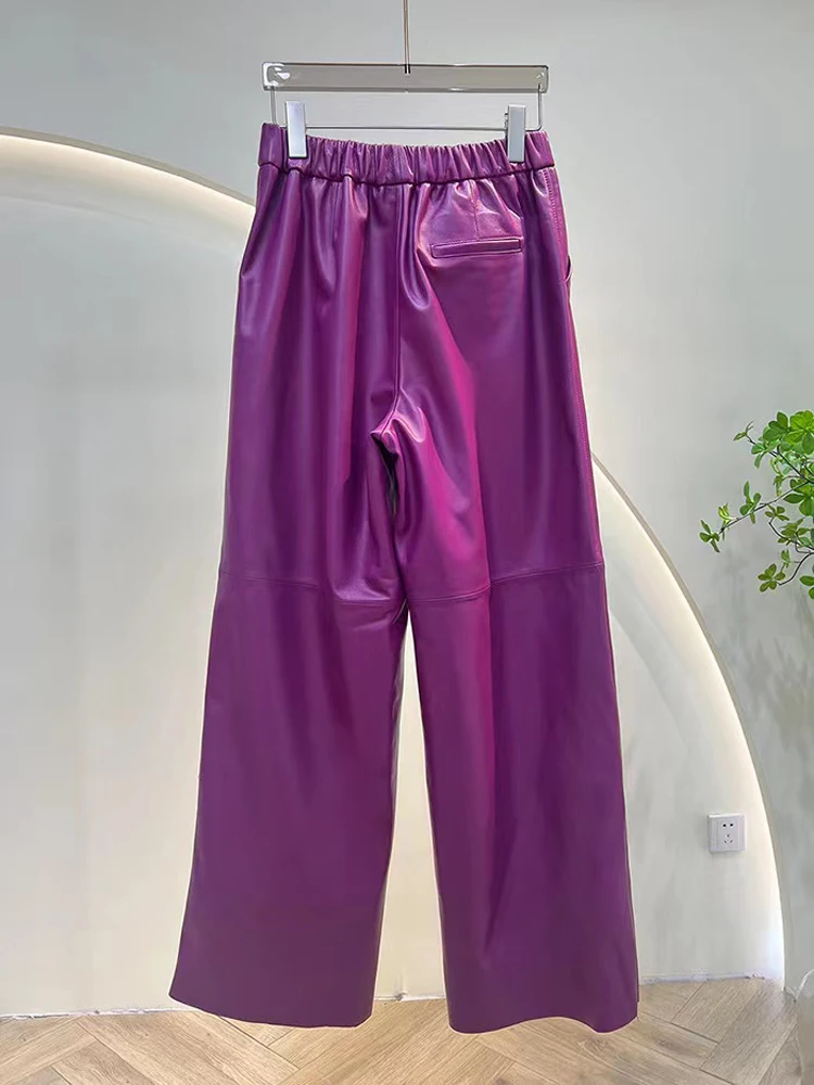 Fuchsia Leather Long Pants for Women 2024 Spring Natural Skin Elastic Waist Wide Straight Pants Casual Floor Pantalones de Mujer