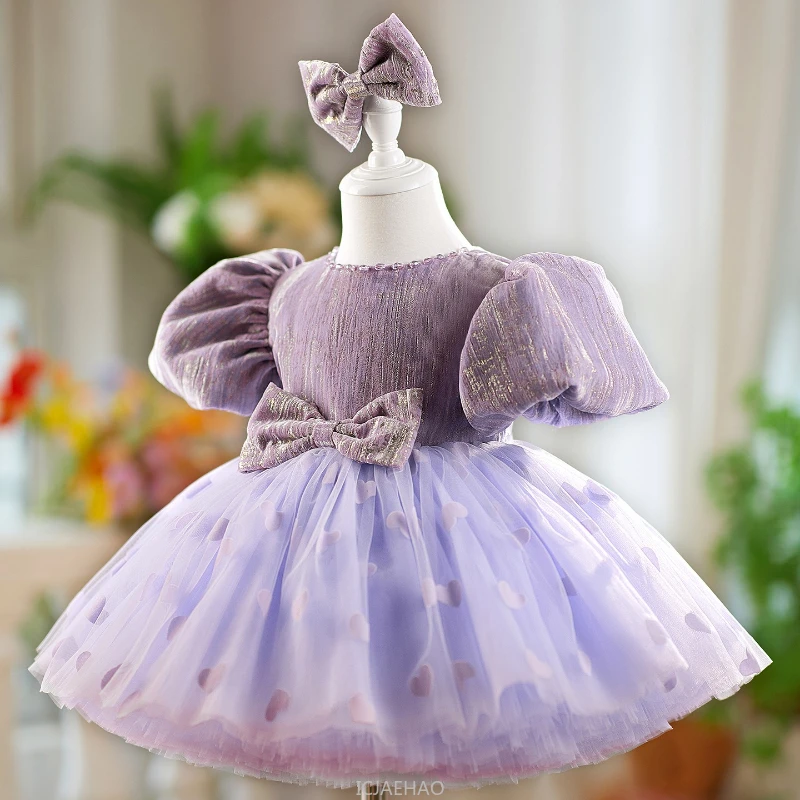 Vestido de fiesta 2025, trajes morados para niñas y niños, ropa Formal para niños pequeños, vestidos de cumpleaños para niños, vestido de princesa de tul con manga de burbuja y lazo