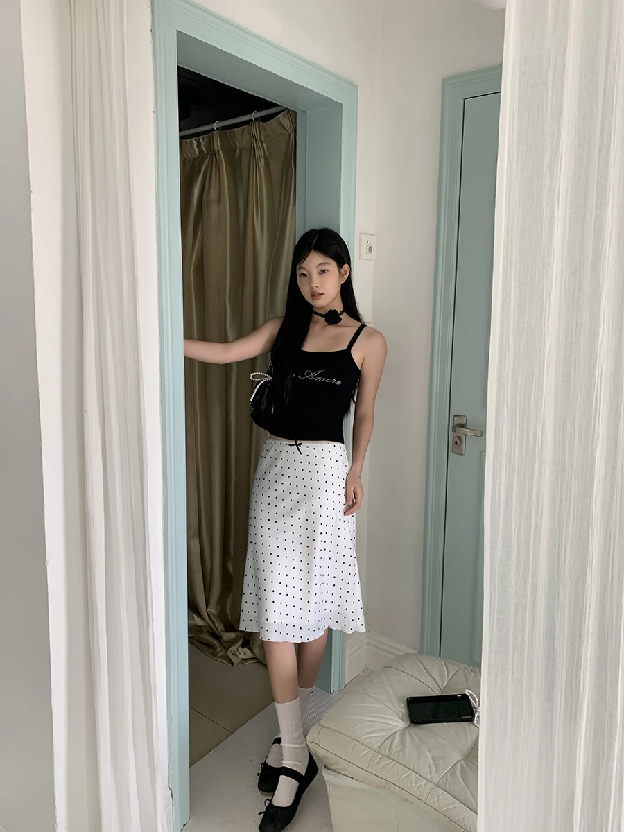 

High Waist A-Line Skirt Women's Summer Polka Dot White Ele Small ence Skirt G Sle Commute Simple Knot