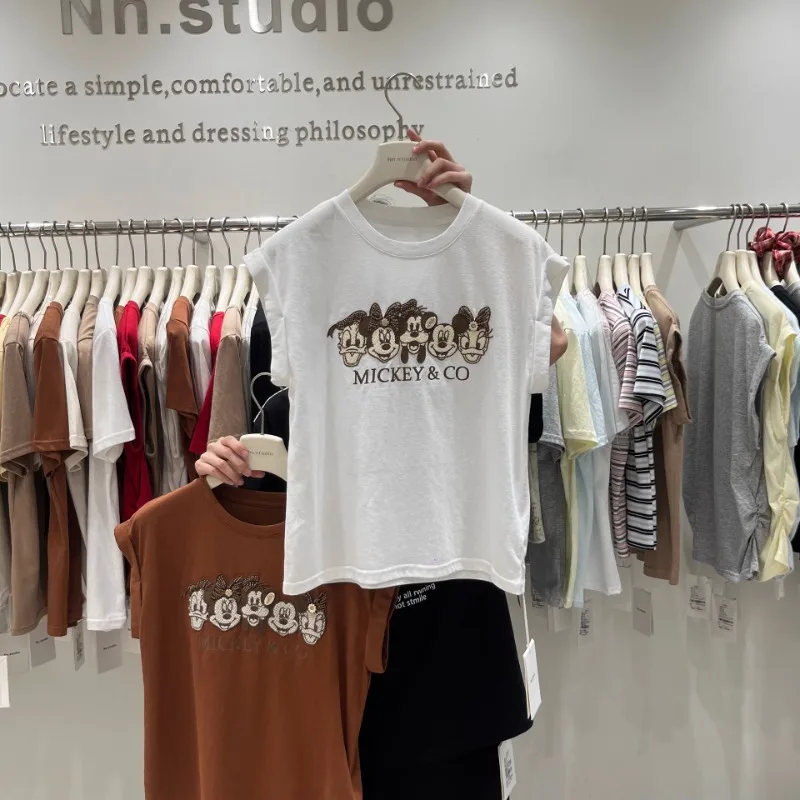 Cartoon Embroidered Flying Sleeves T-shirt Women's 2025 Summer New European Style T Shirts Heavy Industry Sleeveless Vest Top