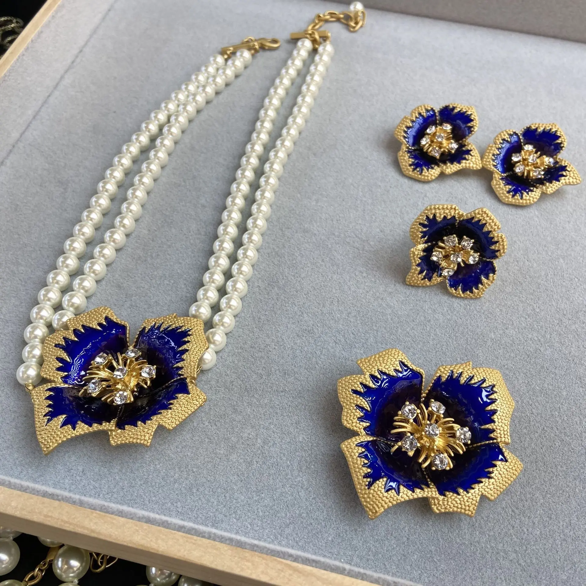 Women Vintage Blue Enamel Drop Glaze Four-petal Flower Necklace Earrings Ring Brooch Jewelry Sets