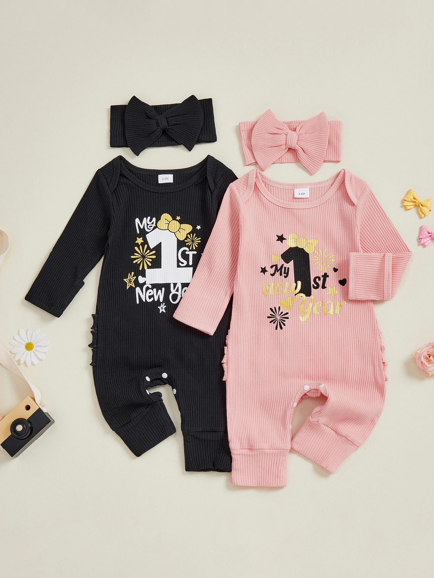 

Infant Girls New Year Romper with Sparkling Print Long Sleeves Round Neck and Matching Headband for a Festive Look