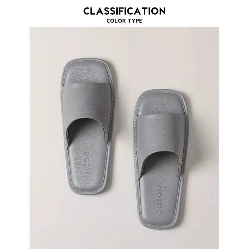 شبشب نسائي ترفيهي منزلي من جلد البقر مفتوح من الأمام صيفي للجنسين #4