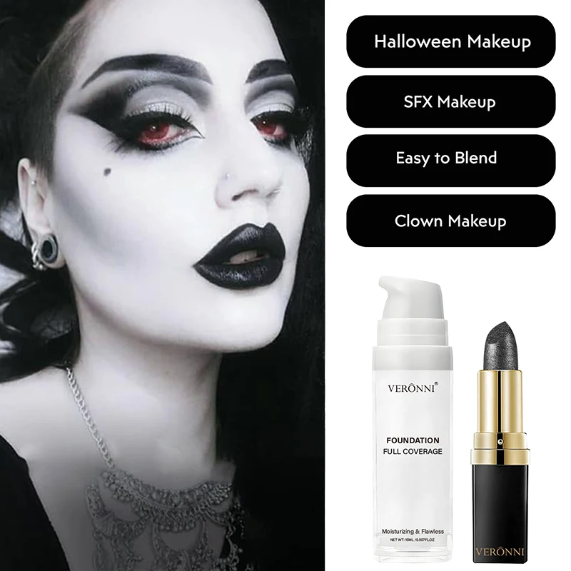 Juego de lápiz labial puro y negro, mezcla de base líquida blanca, 15ml, mate, duradero, resistente a la transferencia para maquillaje de Cosplay de escenario