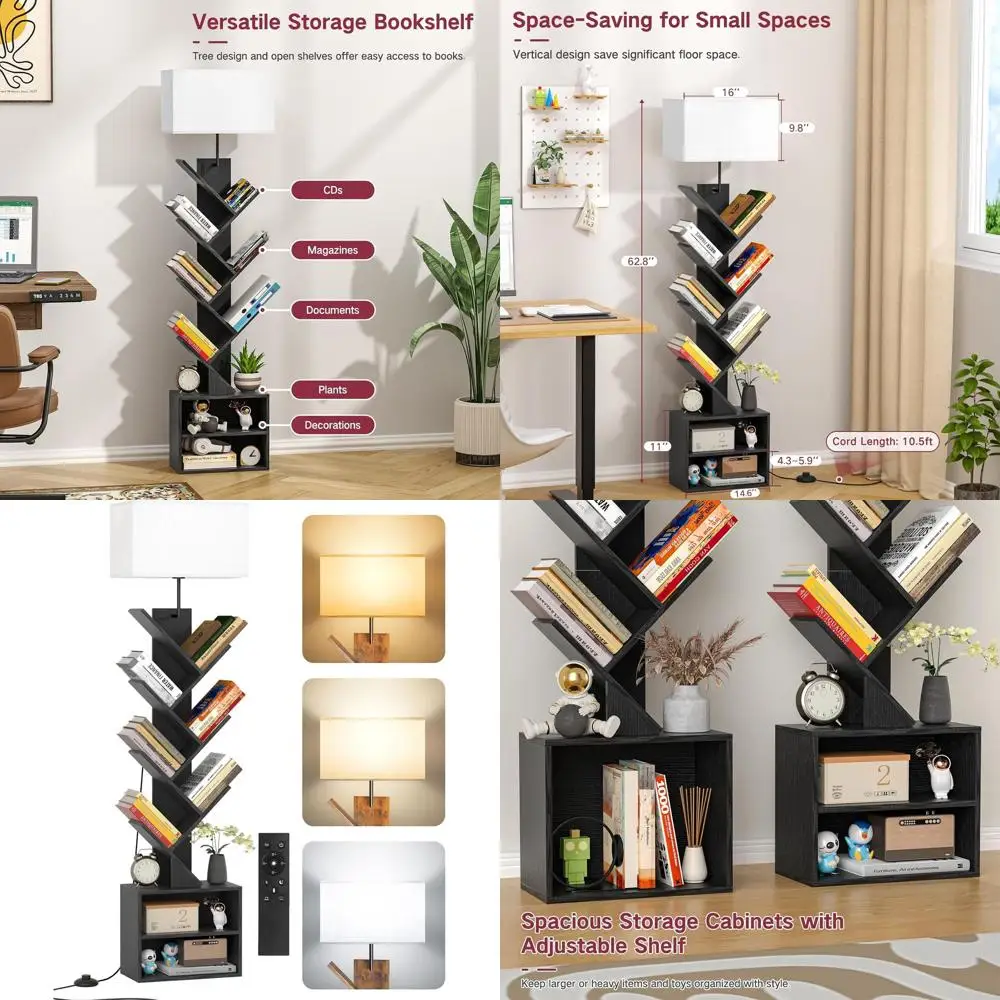 

Напольный книжный шкаф с 9 полками, регулируемой подсветкой, пультом ДУ, таймером и тумбой – современный высокий угловой стеллаж для гостиной, B