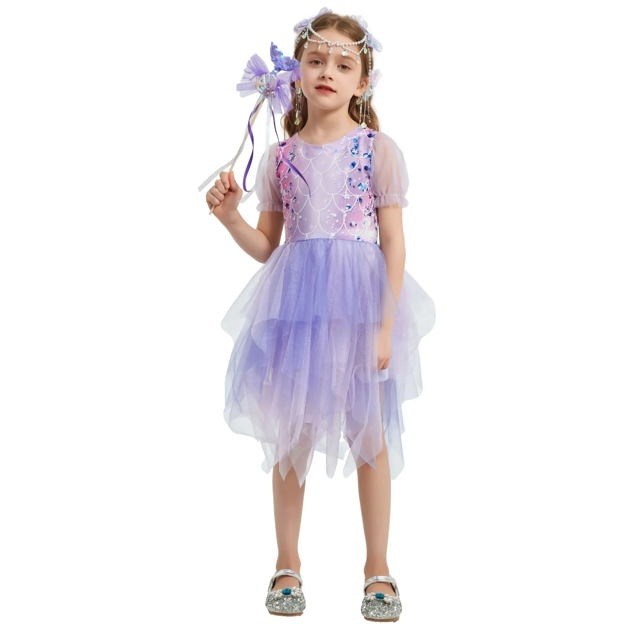 

Halloween costume Little Big Girls Sequined Puff Sleeves Flower Girl Birthday Party Pageant Formal Evening Dress mermaid cospla