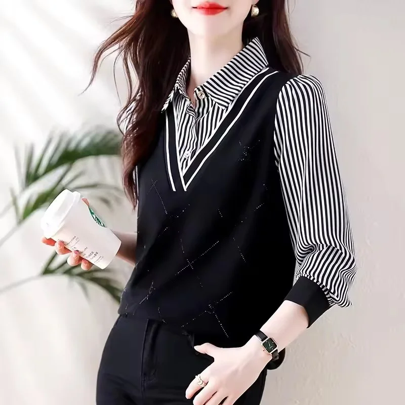 ใหม่หญิง High-end ปลอม 2 ชิ้นแฟชั่นลายเสื้อฤดูใบไม้ผลิฤดูใบไม้ร่วงผู้หญิงเสื้อแขนยาวเสื้อสุภาพสตรีเสื้อ