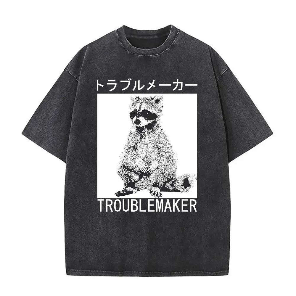 

Troublemaker Washed Vintage Funny Meme Raccoon Graphic T-shirts Men Women Fashion Oversized T Shirts Men's Casual Cotton T Shirt