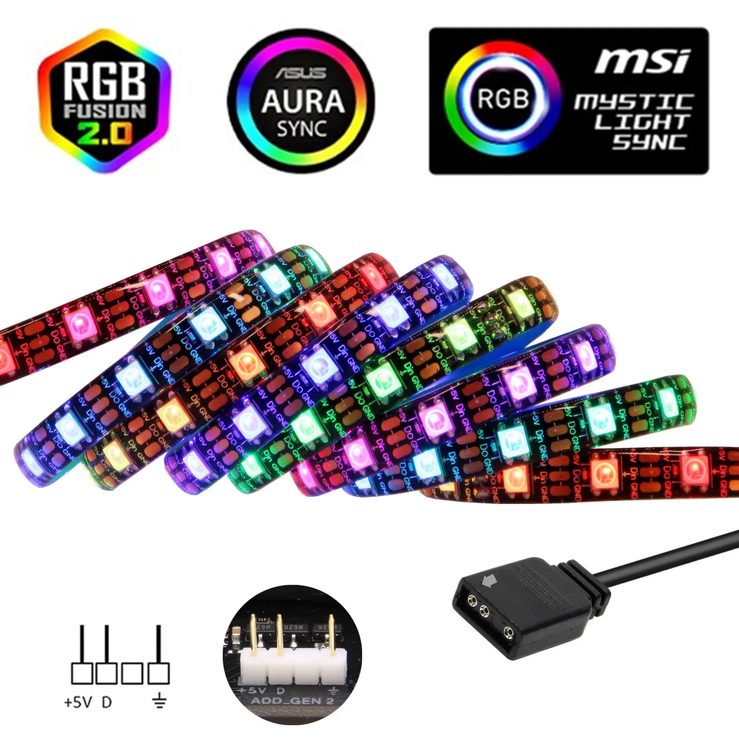 WS2812b ARGB LED Strip 5V 60Led/m Addressable Rainbow LED light 3PIN for ASUS AURA SYNC / MSI Mystic Light Sync / GIGABYTE