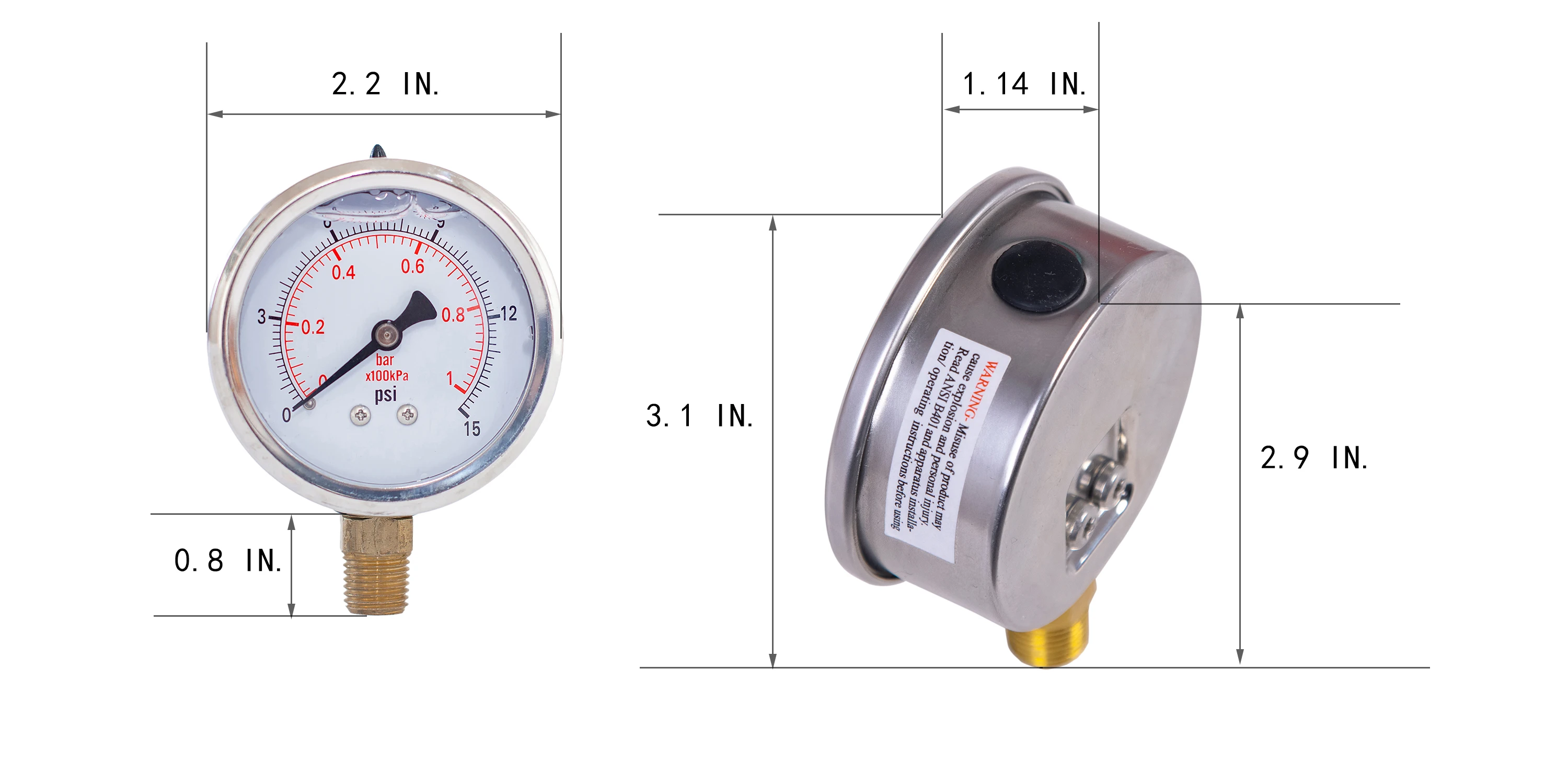 Glycerine Filled Compound Pressure Gauge 2 Inch Dia 1/4 NPT Lower Mount -30 InHg-30,15,30, 60,100,160, 200,300,600 Psi & Bar