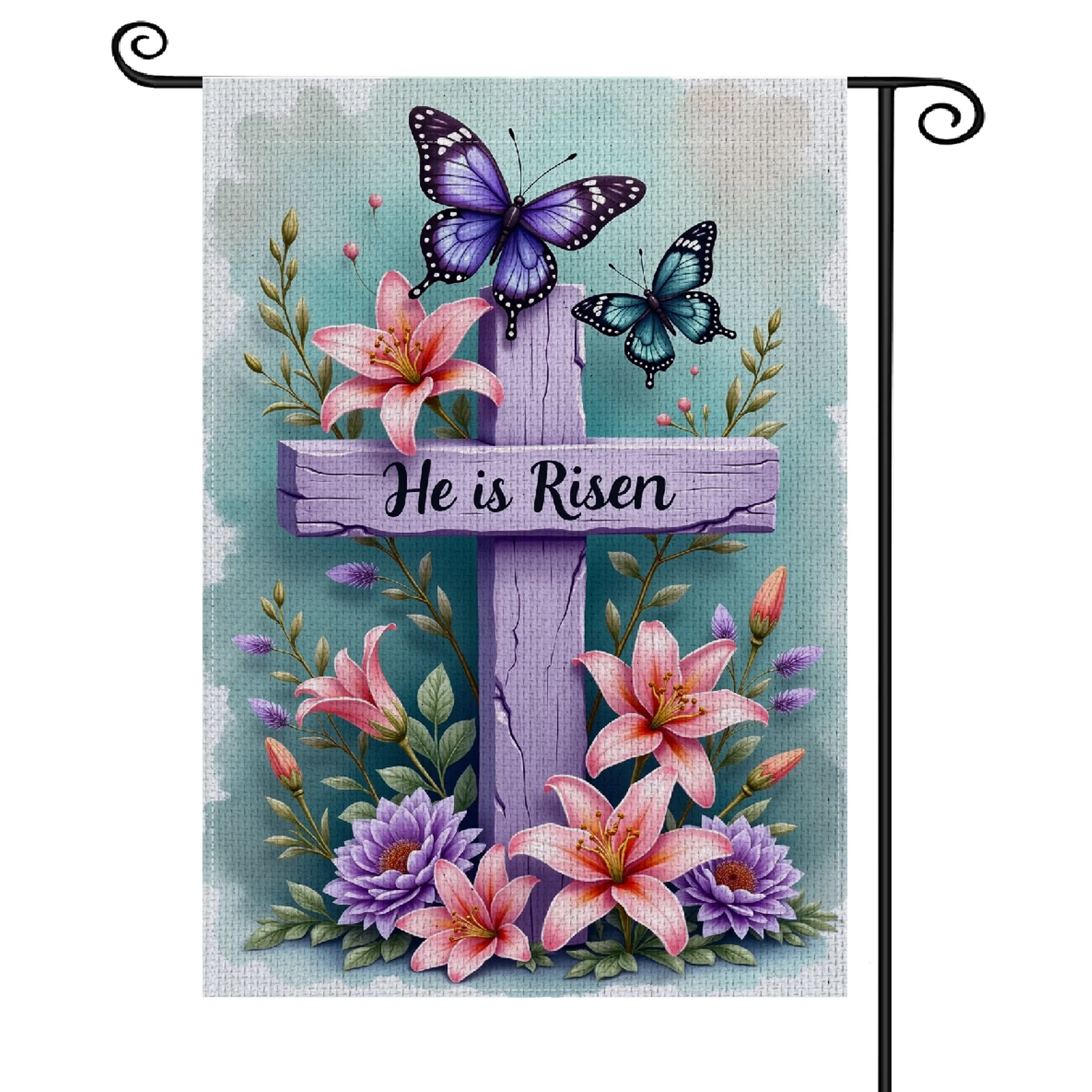 Drapeau de jardin 'Il est ressuscité' avec motif floral, bannière de jardin de Pâques, croix en bois violette, art aquarelle, drapeau croix de la Résurrection