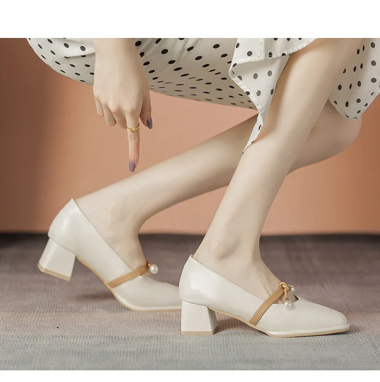 

34-43 Mary Jane Shoes Women Square Toe High Heels Shoes Pearls 4.5cm Block/middle Heel Pumps