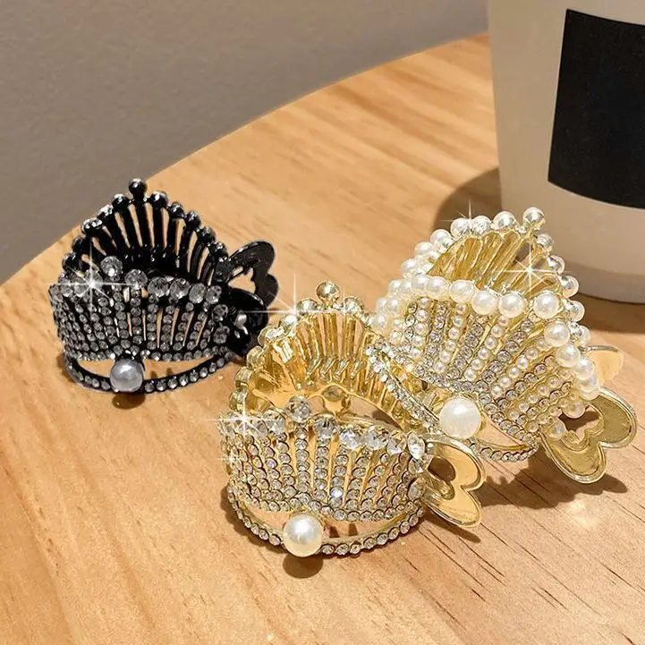 Rhinestone Crown Hair Claw Elegant Pearl Ponytail Clip Shark Clip High Ponytail Fixed Hairpins Hair Accessories Women Headwear