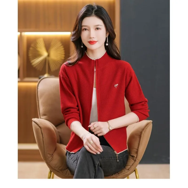 여성용 신상 스플라이스 스탠드 칼라 지퍼 패셔너블 솔리드 컬러 루즈 다용도 캐주얼 긴팔 니트 가디건