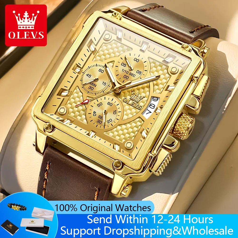 

Мужские часы OLEVS 9925, 45 мм, большой циферблат, хронограф, водонепроницаемые, оригинальные кварцевые часы, модный кожаный ремешок, квадратные спортивные часы