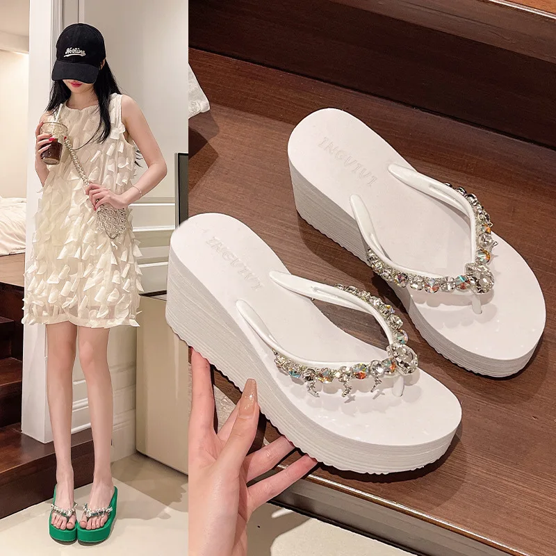 New high-heeled flip-flops women's rhinestone chain pendant platform fashion wear resort-style beach