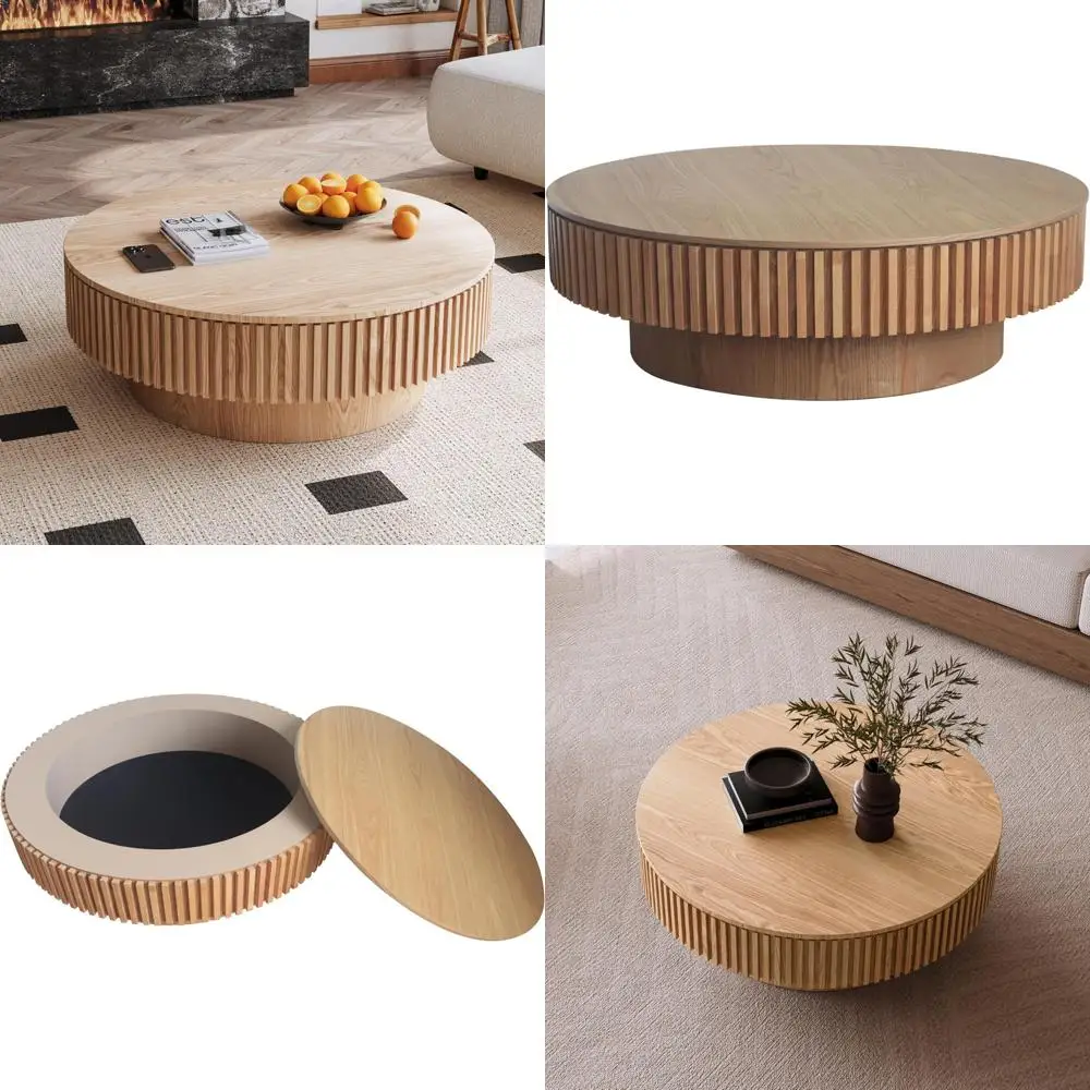 طاولة قهوة مستديرة على طراز المزرعة مع مساحة تخزين، قطر 39.37، مناسبة لغرفة المعيشة والشقة والمكتب، من الخشب الطبيعي F #1