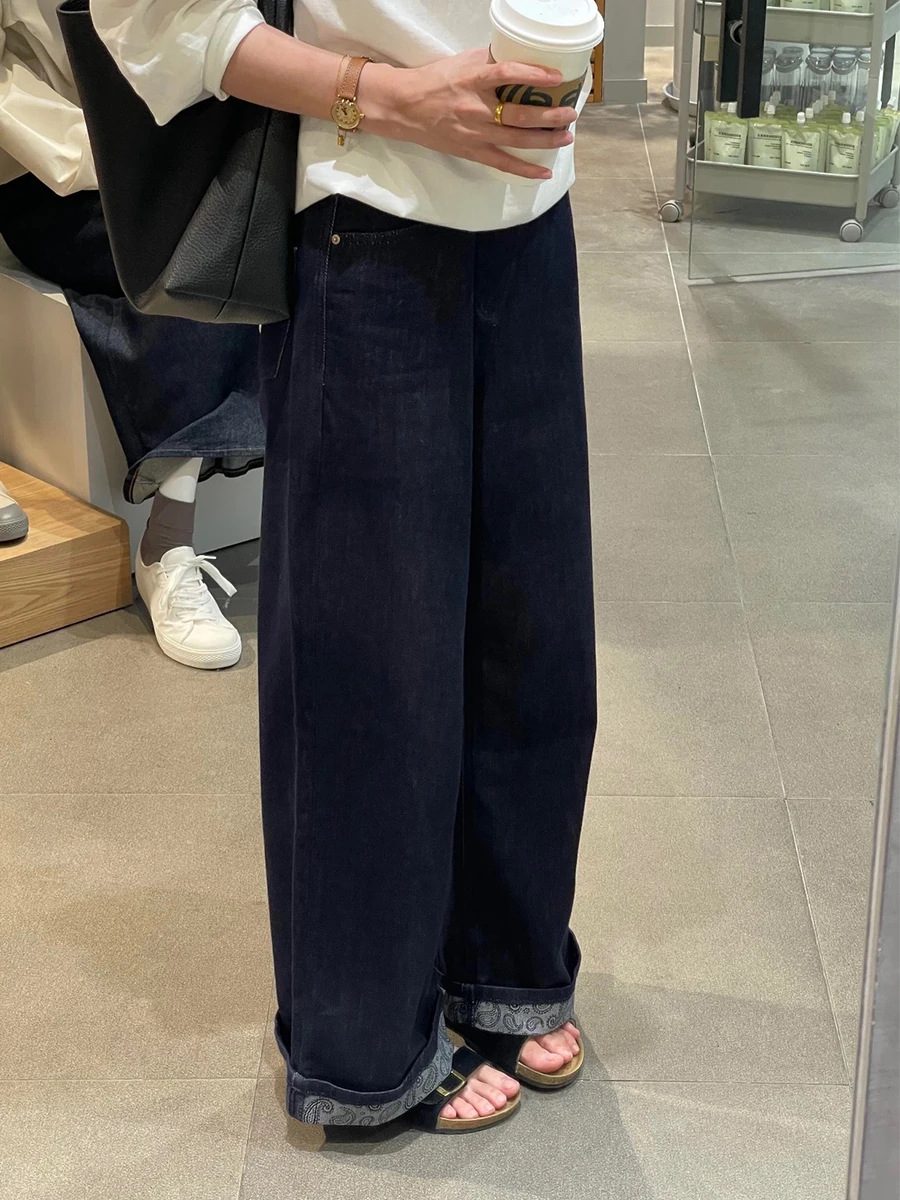 

Джинсы женские прямые свободного кроя с высокой талией, темно-синие, для полных, винтажный стиль, повседневная одежда