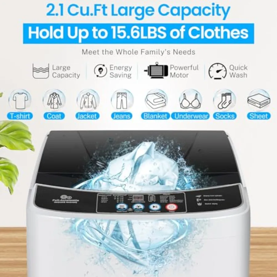 غسالة محمولة 2.1 قدم مكعب، غسالة أوتوماتيكية بالكامل بسعة 15.6 رطل، 10 برامج غسيل، 8 مستويات مياه، مضخة تصريف LED D #3