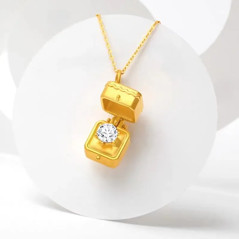 Genuine Gold Pendant Diamond Inlaid Gift Box Pendant Necklace for Women Simple Design Chain for Women Fine Jewelry Gifts