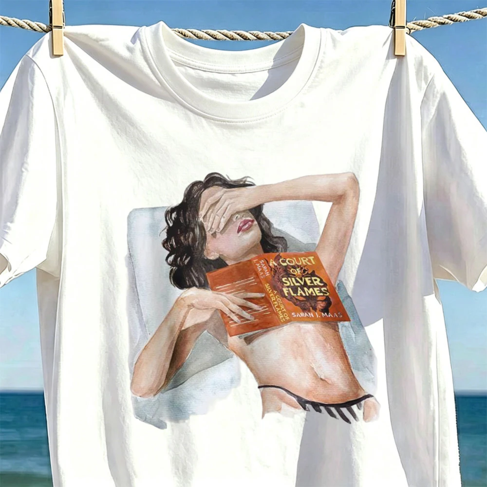 A Court Of Silver Flames Beach Bikini Reading Woman Aquarell Damen T-Shirt Fantasy Book Lover Graphic Tops Booktok Casual Tee