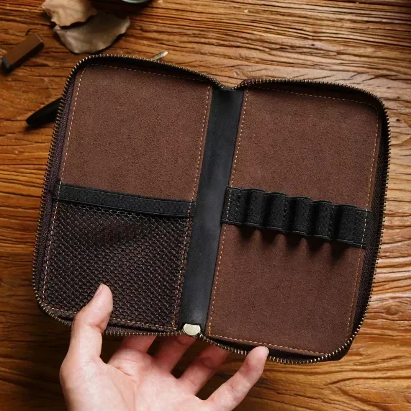 Estuche Retro con cremallera para bolígrafos, estuche de lápices de cuero para estudiantes escolares, bolsa de lápices de cuero de vaca para hombres con ranuras para bolígrafos