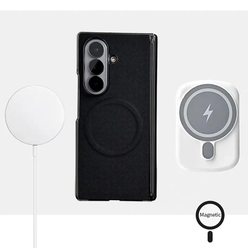 

Magnetic Drilled Leather Case for Samsung Galaxy Z Fold 7 ZFold 6 5 Center Axis Hinge Protection Electroplating Lens Phone Cover