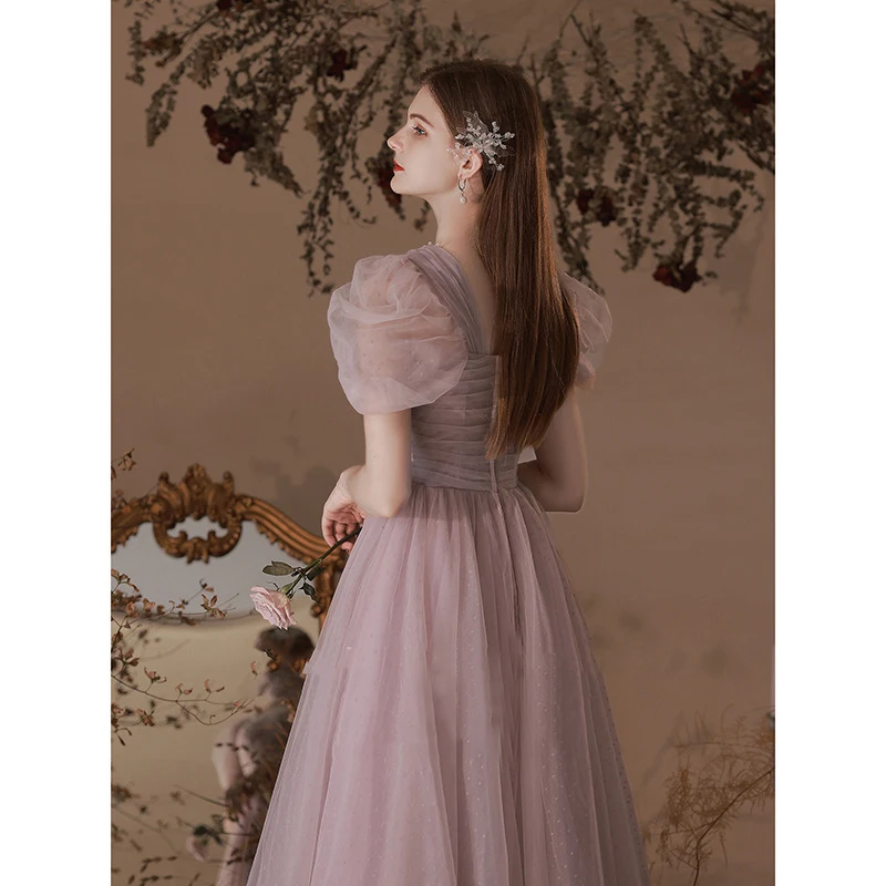 Pink Bridesmaid Dresses Elegant Dress Women For Wedding Party Puff Sleeve Pearls Beading Party Gowns Female Formal Dress