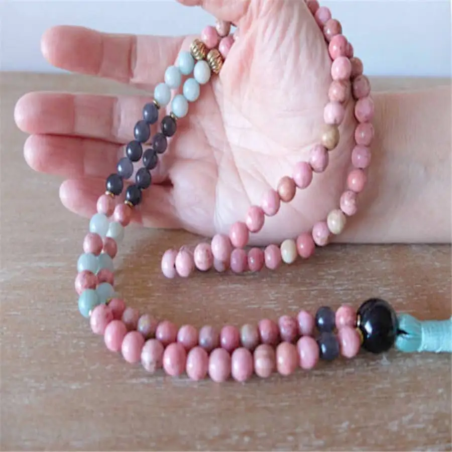 

8mm Rhodonite Aquamarine gemstone beads knot Necklace Men's Hand Japa Yoga Gemstone Buddhist Stone Meditation Bodhi Women