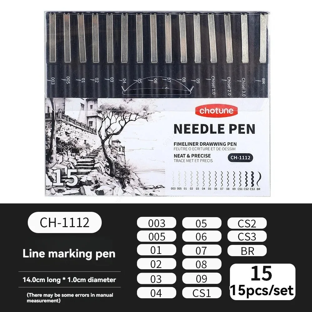 Zwarte micropennen, 15 maten, waterdichte archiefinkt, pen met fijne punt voor kunstenaarsillustraties, schetsen, anime, manga, technische tekeningen