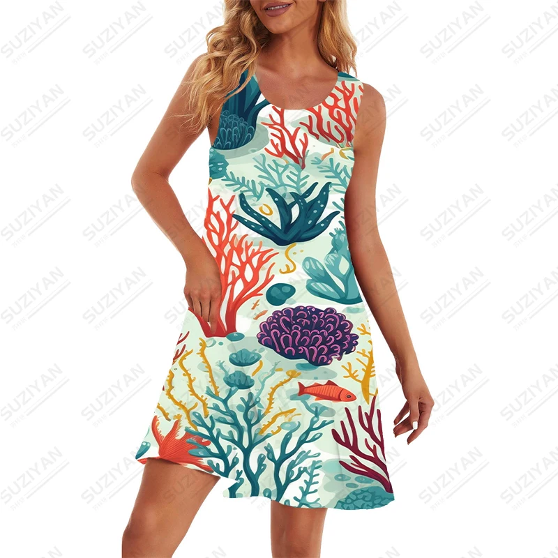 

Women's Fashion Casual Dress Coral Printing Pattern Dress Summer Daily Casual Dress Classic Loose Sleeveless Dress