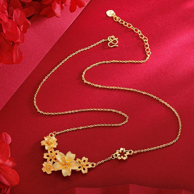 9999 Real Gold 24K Sansheng Flower Set Chain Gold Premium Flower Clavicle Necklace Wedding Flower Necklace