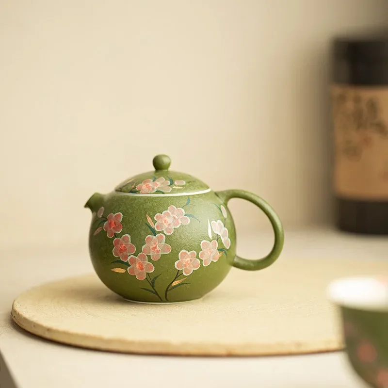 Rock Mine White Pure Hand Painted Matcha Green Pile White Red Peach Blossom Painted Gold Xiyan Gai Bowl Kung Fu Tea Bowl Teapot