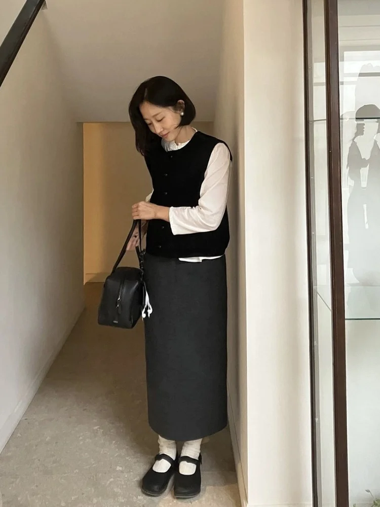   Mittellanger Wollrock mit hoher Taille und schlankem, drapiertem Pendelrock für Damen, Faion, koreanischer gestrickter, gerader Schnitt