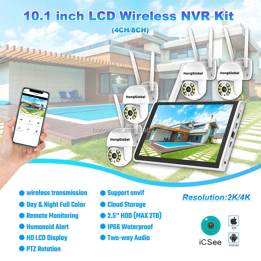 HongGlobal 3MP 4CH NVR 360 WiFi Kit cámara para el hogar ICSee Surveil Set IP sistema CCTV para interiores y exteriores sistema de cámaras de seguridad inalámbrico