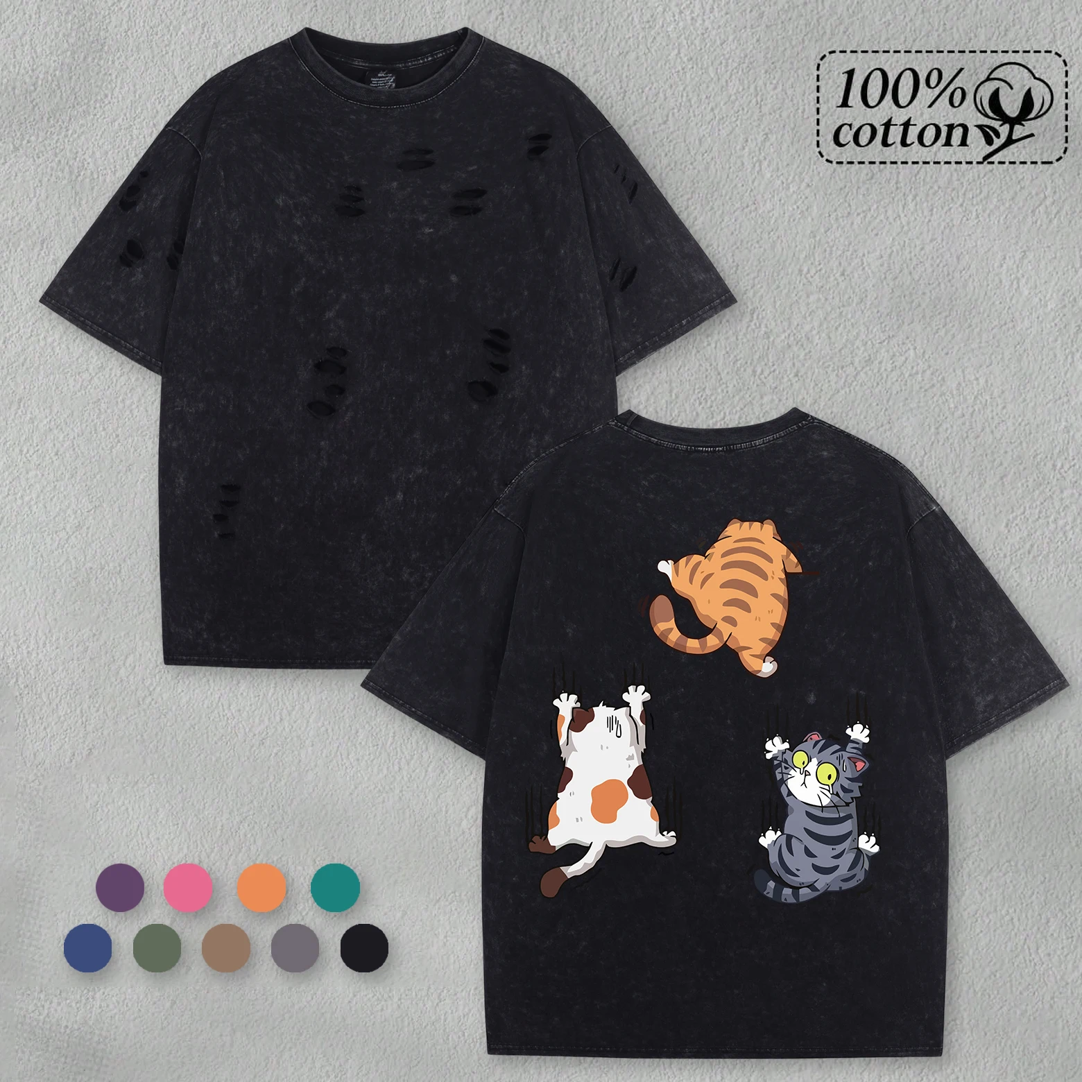 

Three Cats Climbing Upwards And Escaping Printmen Holes T-Shirts Hip Hop Summer Tee Casual Soft Top Loose Cotton Washed Tops