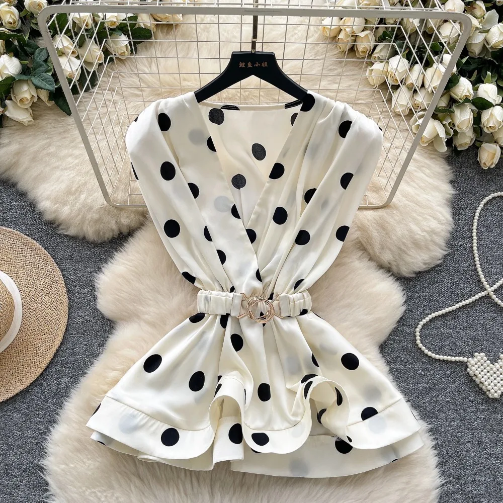 

Elegant Polka dot Pleated Blouse Chic Vintage V Neck Fashion Top Women Summer Birthday Party Shirts Y2k