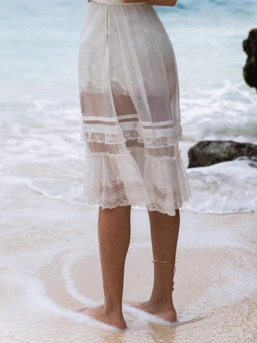 Drawstring 레이스 패치 워크 미디 스커트 여성 하이 웨스트 레이스 트림 화이트 a 라인 Faldas 여름 캐주얼 패션 우아한 짧은 스커트