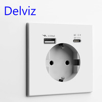 Delviz Wall USB Power Socket, AC 110V-250V, White Panel 16A Wall Embedded Electric plug Outlet, EU Standard 2A Type C USB Socket