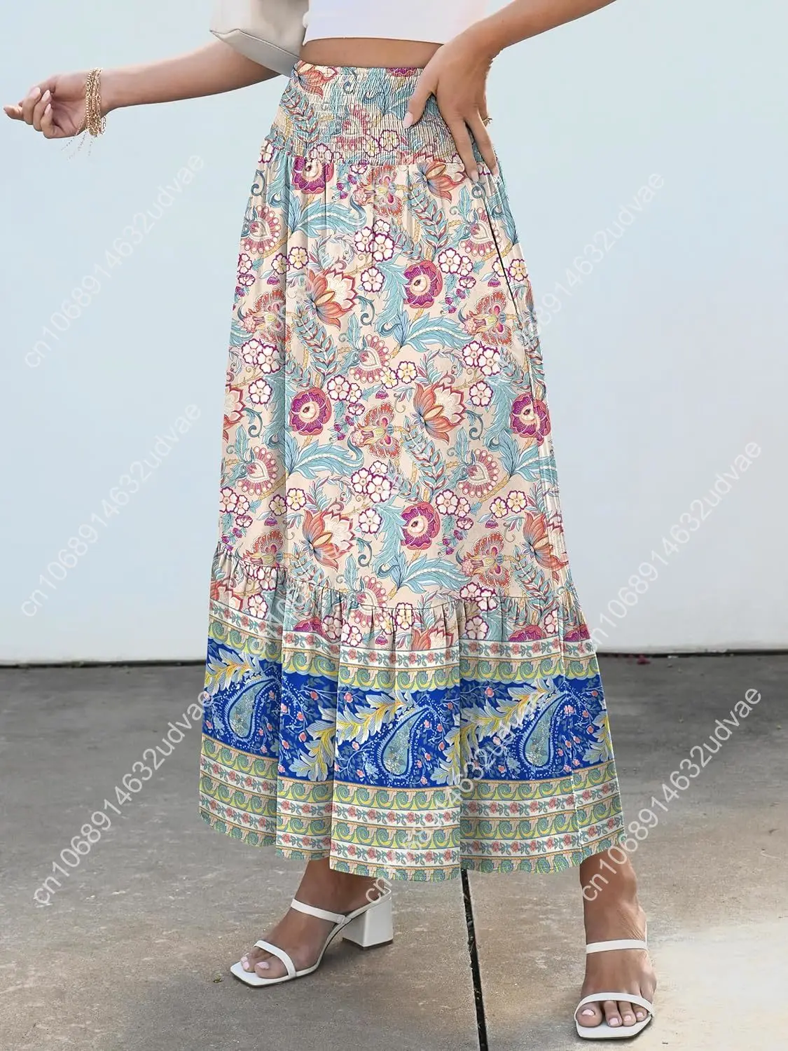Maxi Skirts for Women 2025 Summer Boho Long Flowy Floral Elastic High Waist Skirt Casual Travel Skirt with Pockets