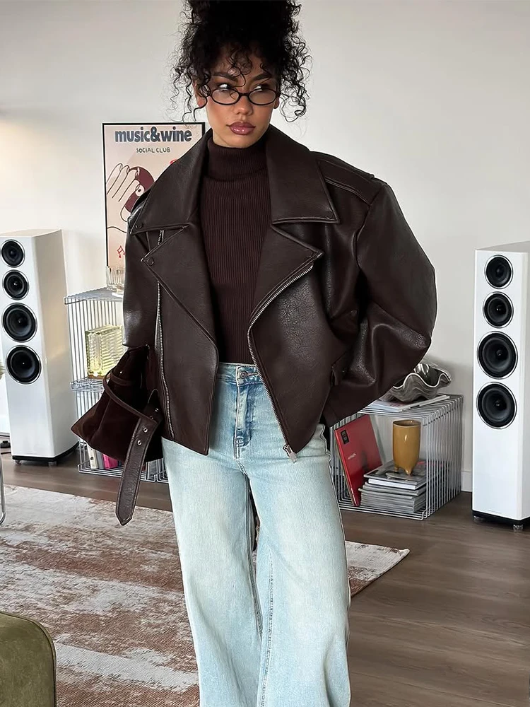 

Retro Solid Lapel Lace Up Leather Jacket Women Fashion Full Sleeve Zipper Pocket Short Coat 2025 New Autumn High Street Outwears