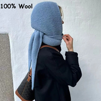 100% Wool Big Sophie Scarf Oversize Hood Balaclava Winter Hat Ear Protection Windproof Warm Bomber Hats Women Fashion Beanies