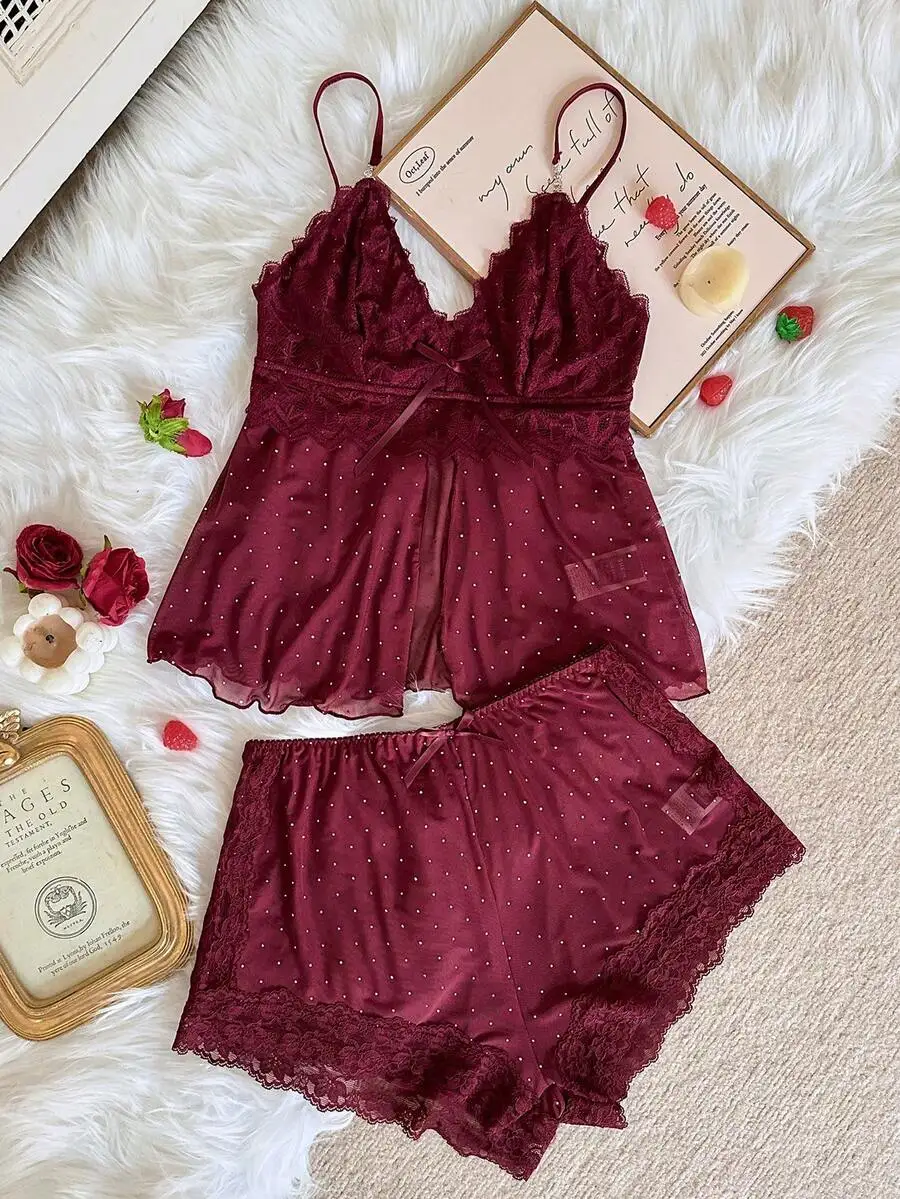 

Sexy Lace Spliced Rhinestone Mesh Camisole And Shorts Pajama Set For Women Summer Lingerie