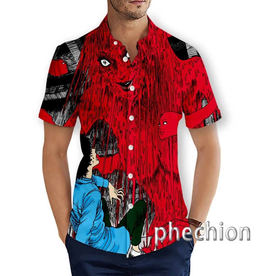 

Phechion New Fashion Men's Japan Horror Manga Junji Ito Funny 3D Print Hwaiian Short Sleeve Beach Shirts T19