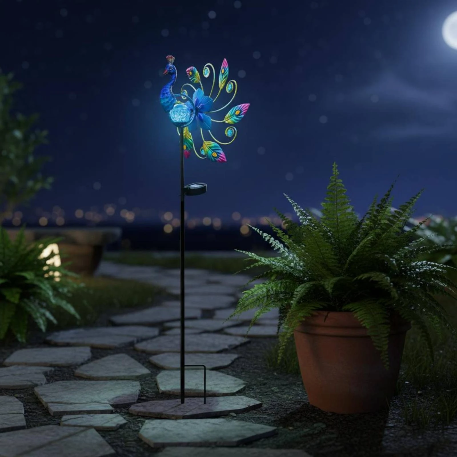 Solar Peacock Stake Feather Shaped Blades Peacock Wind Rotator Solar Wind Rotator Translucent Globe Outdoor Decor Iron