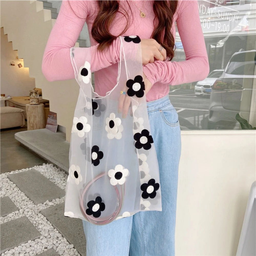 Women Transparent Foldable Mesh Cloth Daisy Embroidery Handbag Multicolored Flower Tulle Fruit Bag Purse Shopping Bag Tote 2024