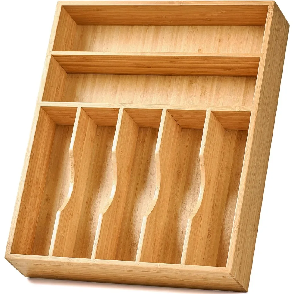 Umilife Bamboo Kitchen Drawer Organizer, 13 Inch Silverware Utensil Tray Holder, Extra Deep Grooved Drawer Divider