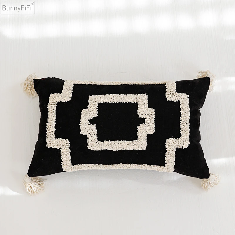 for Black Boho Pillow Cover Cushion Ivory Tassels Cover Tufted Home Decoration Living Room Bedroom Sofa Couch Square 45x45cm