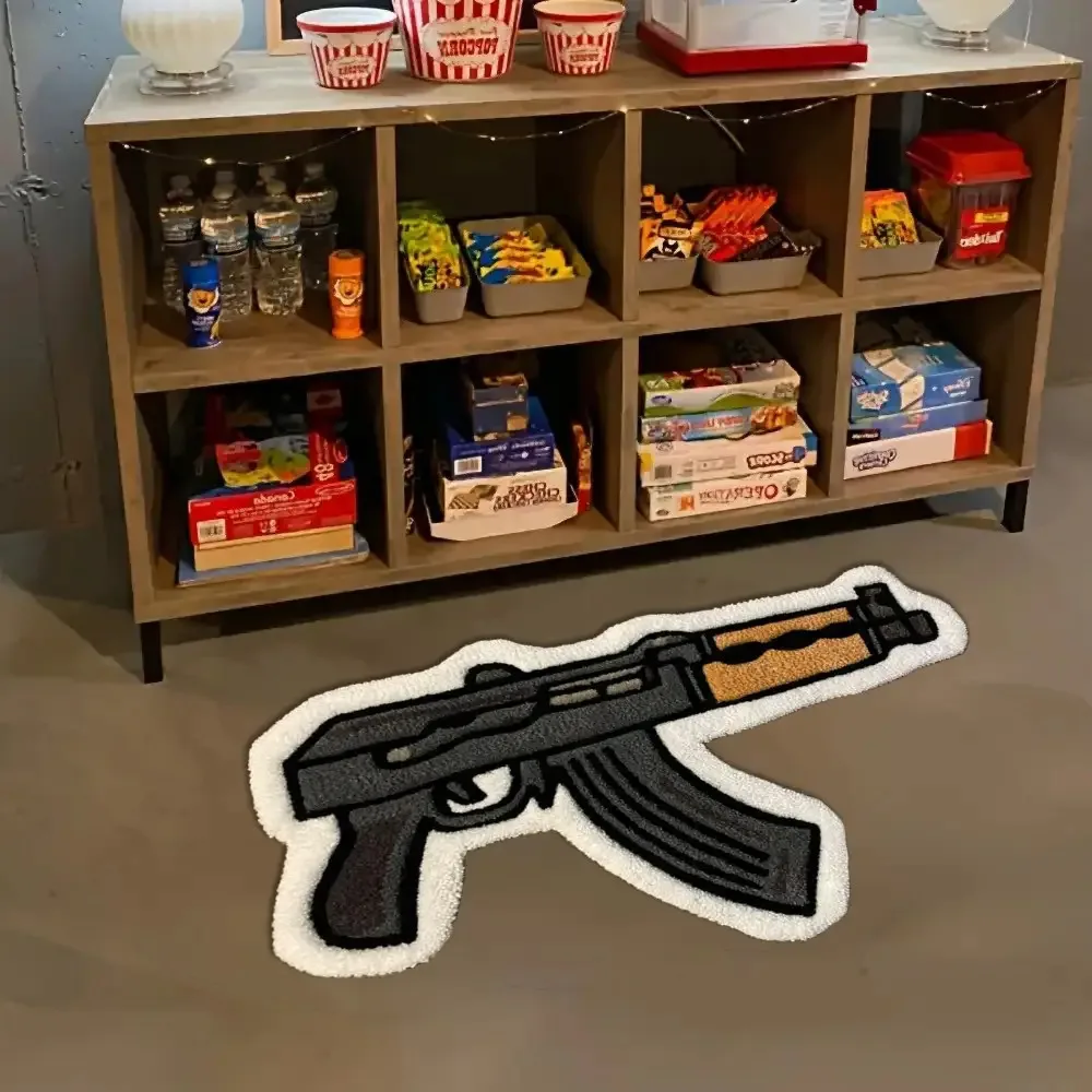 VIKAMA Special‑shaped AK Gun Plush Rug Cartoon Weapon Outline Design Soft Fluffy Non‑slip Bedroom Household Floor Mat