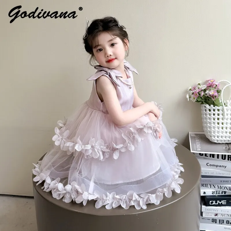 

Sweet Baby Girls 2026 Summer New Tank Dress Childrens Fashion Petal Trim Cute Bow Mesh Patchwork Princess Birthday Party Dresses